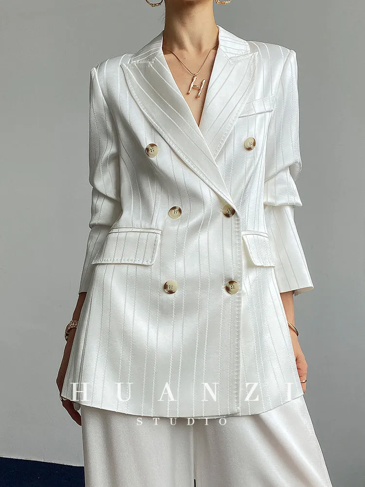 Huanzi high end tri-acetic satin drape high-end suit white silk blazer suit -Bioba