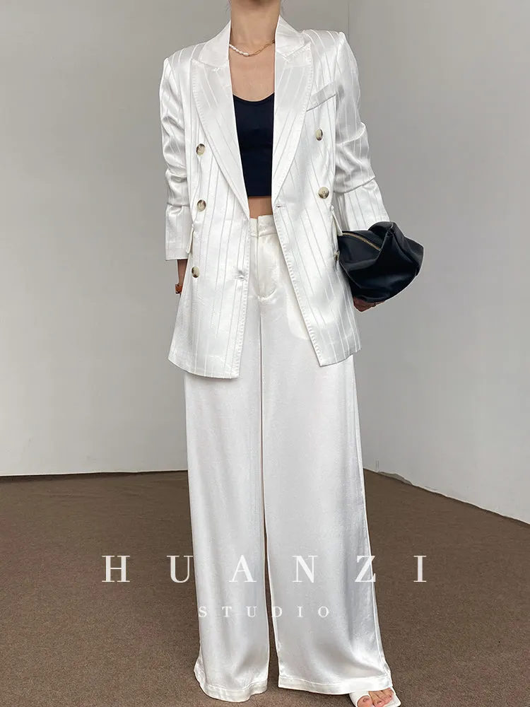 Huanzi high end tri-acetic satin drape high-end suit white silk blazer suit -Bioba