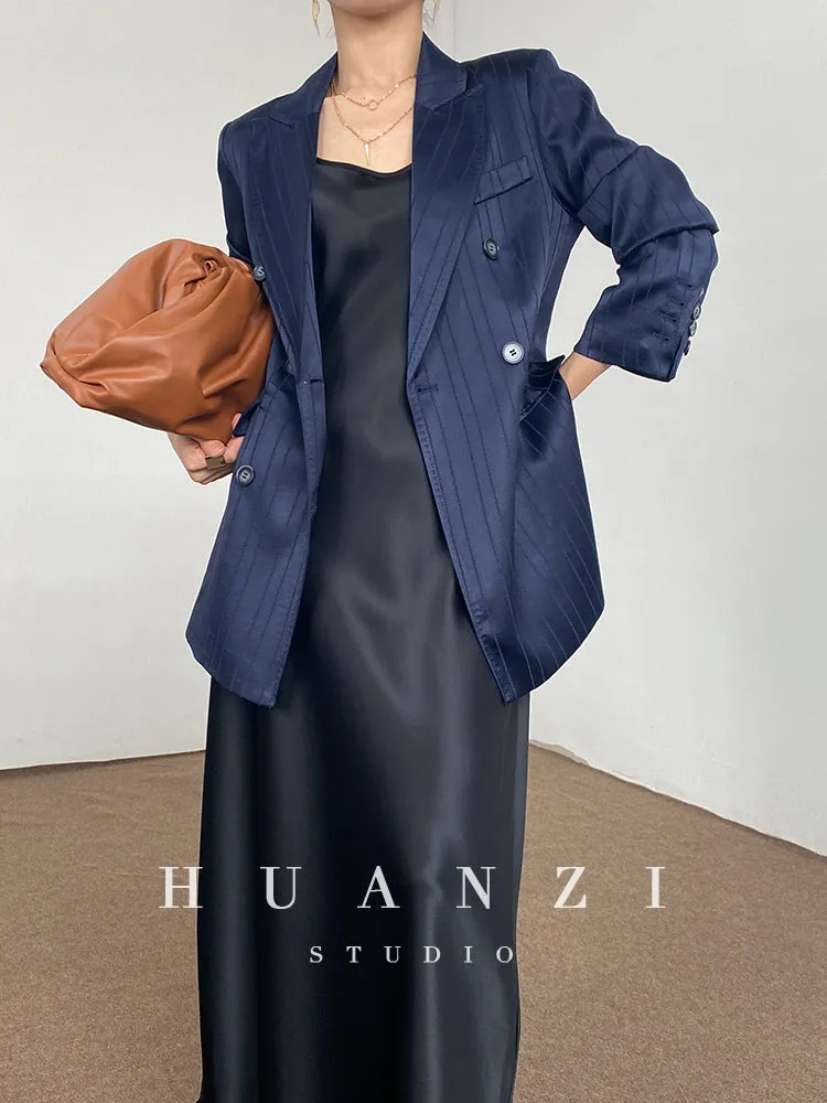 Huanzi high end tri-acetic satin drape high-end suit white silk blazer suit -Bioba