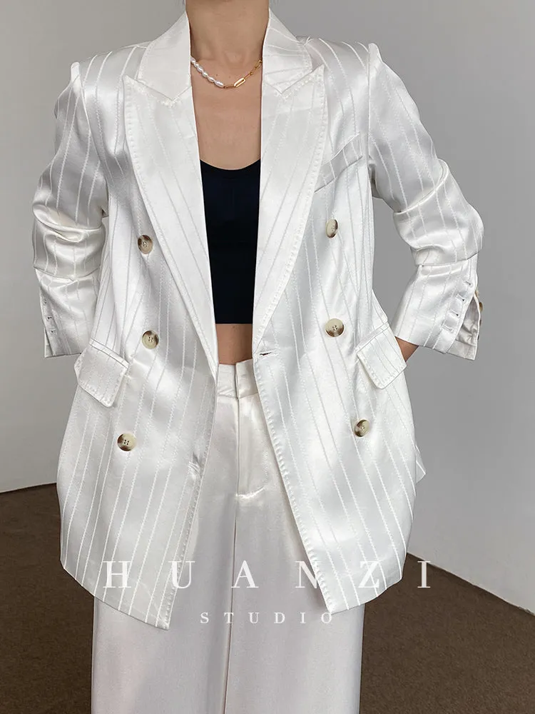 Huanzi high end tri-acetic satin drape high-end suit white silk blazer suit -Bioba