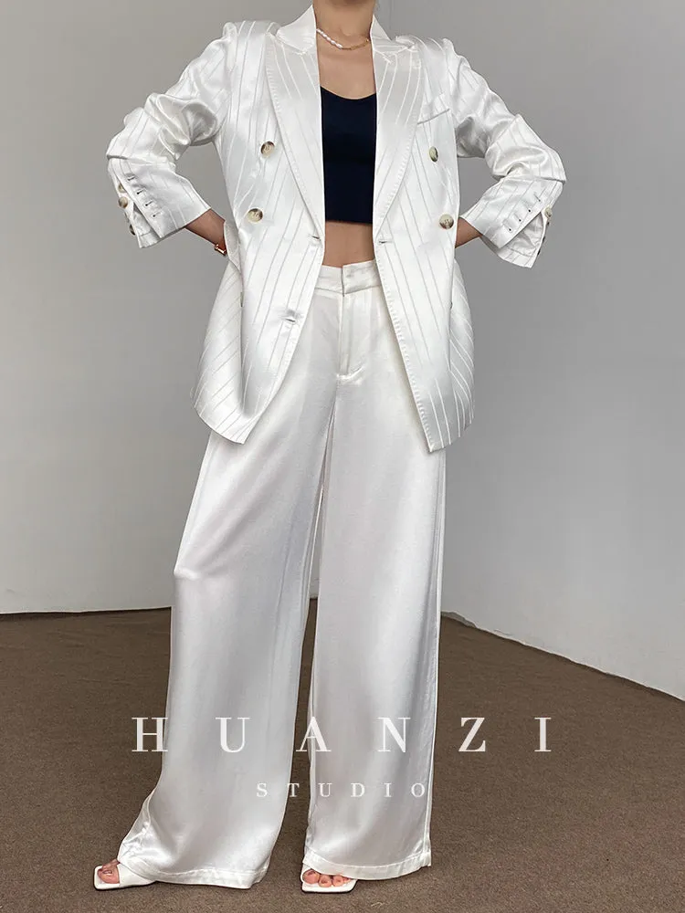Huanzi high end tri-acetic satin drape high-end suit white silk blazer suit -Bioba