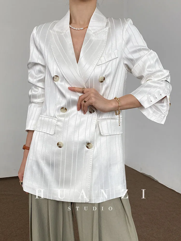 Huanzi high end tri-acetic satin drape high-end suit white silk blazer suit -Bioba