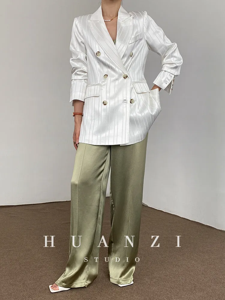 Huanzi high end tri-acetic satin drape high-end suit white silk blazer suit -Bioba