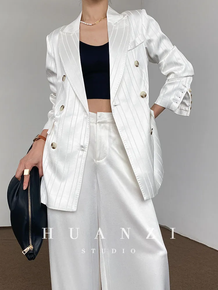 Huanzi high end tri-acetic satin drape high-end suit white silk blazer suit -Bioba