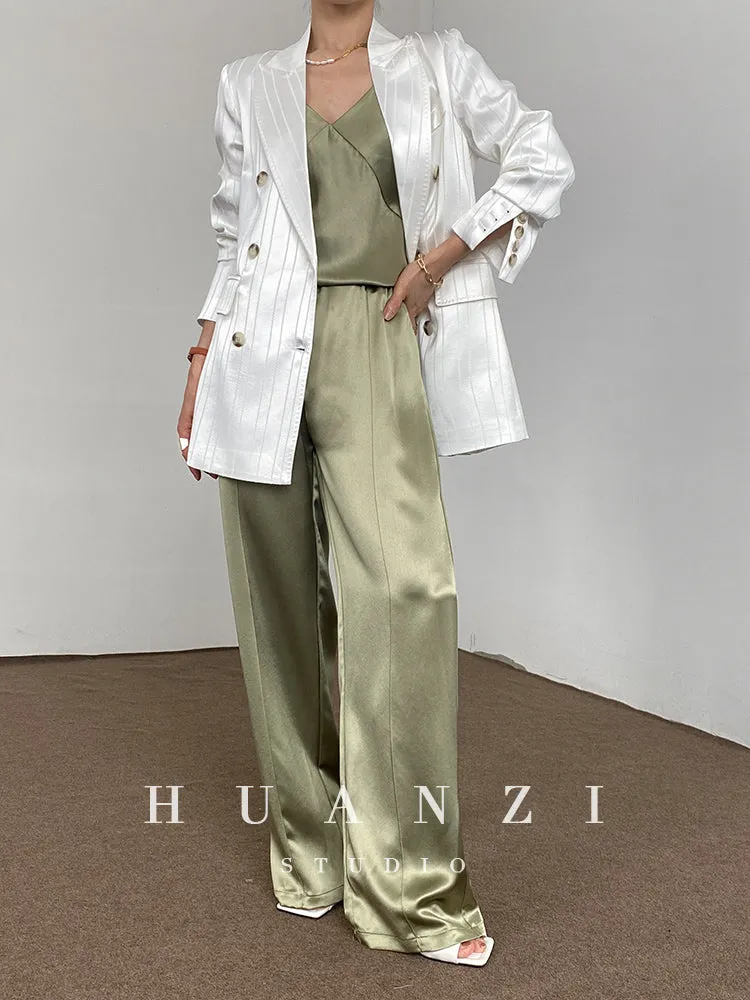 Huanzi high end tri-acetic satin drape high-end suit white silk blazer suit -Bioba