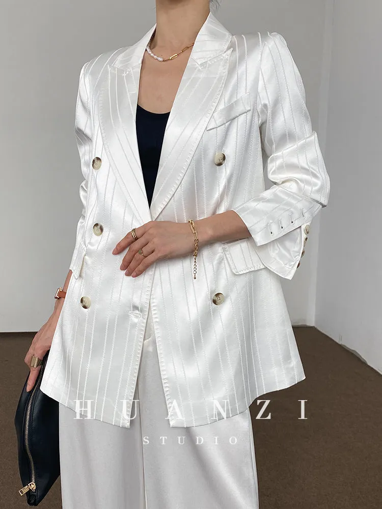 Huanzi high end tri-acetic satin drape high-end suit white silk blazer suit -Bioba
