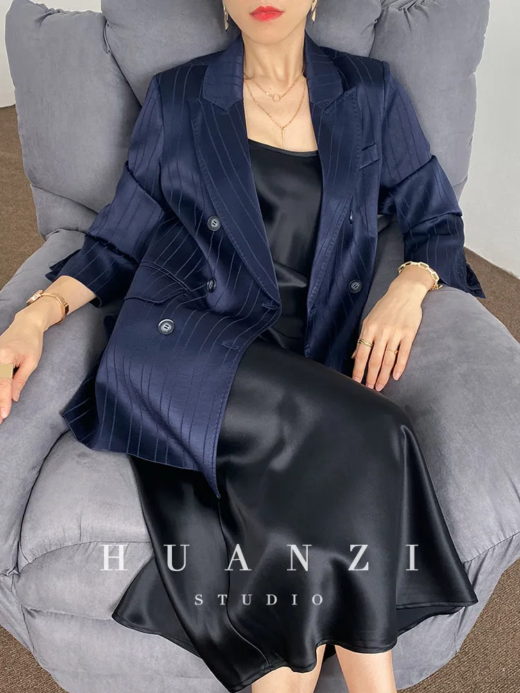Huanzi high end tri-acetic satin drape high-end suit white silk blazer suit -Bioba
