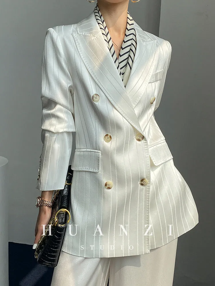 Huanzi high end tri-acetic satin drape high-end suit white silk blazer suit -Bioba
