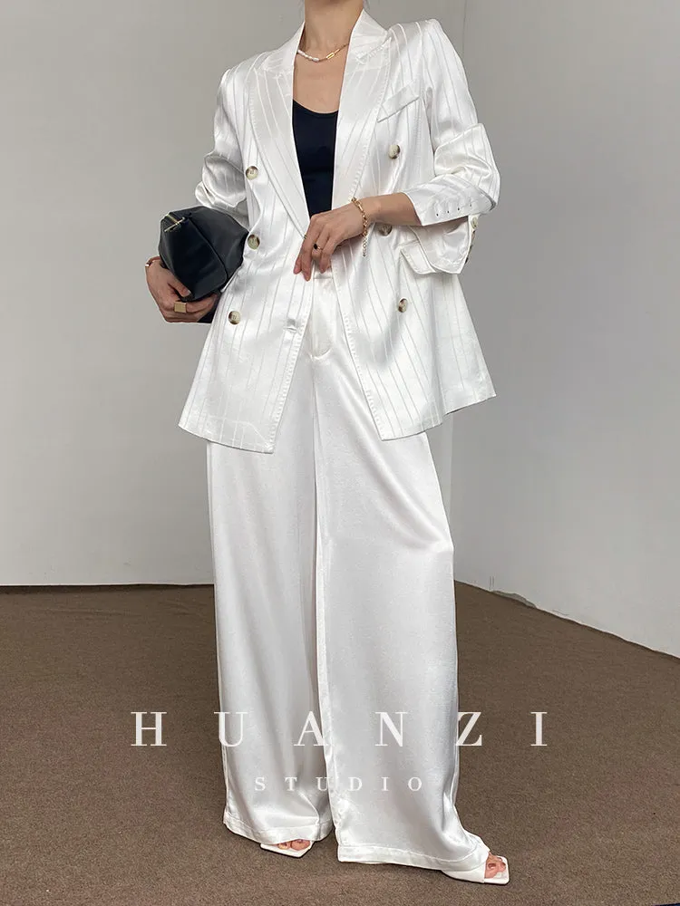 Huanzi high end tri-acetic satin drape high-end suit white silk blazer suit -Bioba