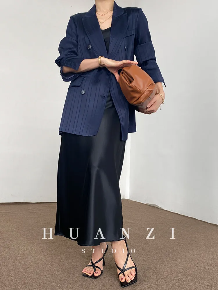 Huanzi high end tri-acetic satin drape high-end suit white silk blazer suit -Bioba