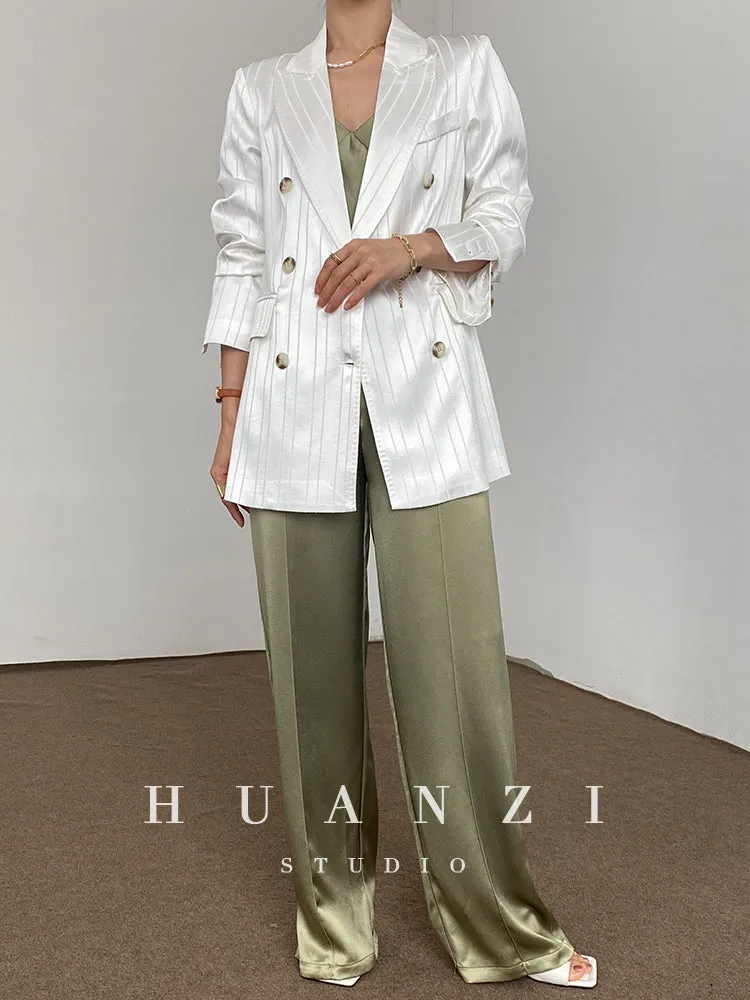 Huanzi high end tri-acetic satin drape high-end suit white silk blazer suit -Bioba