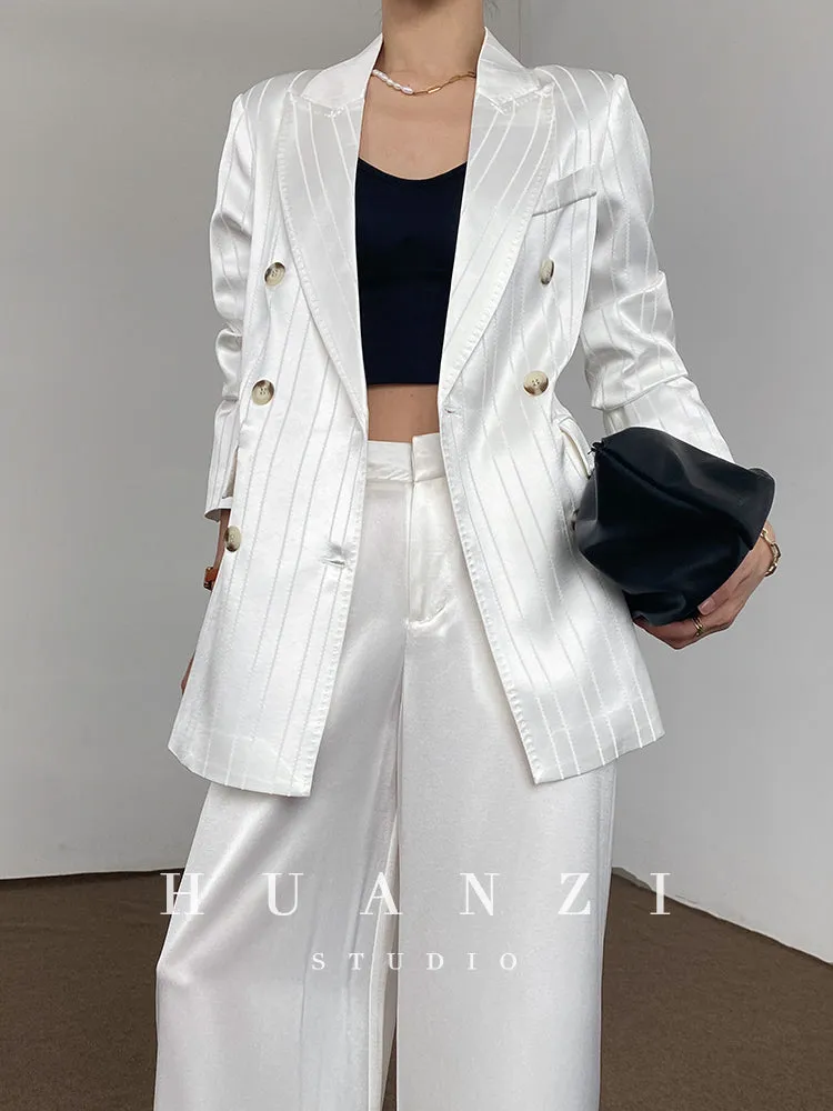 Huanzi high end tri-acetic satin drape high-end suit white silk blazer suit -Bioba