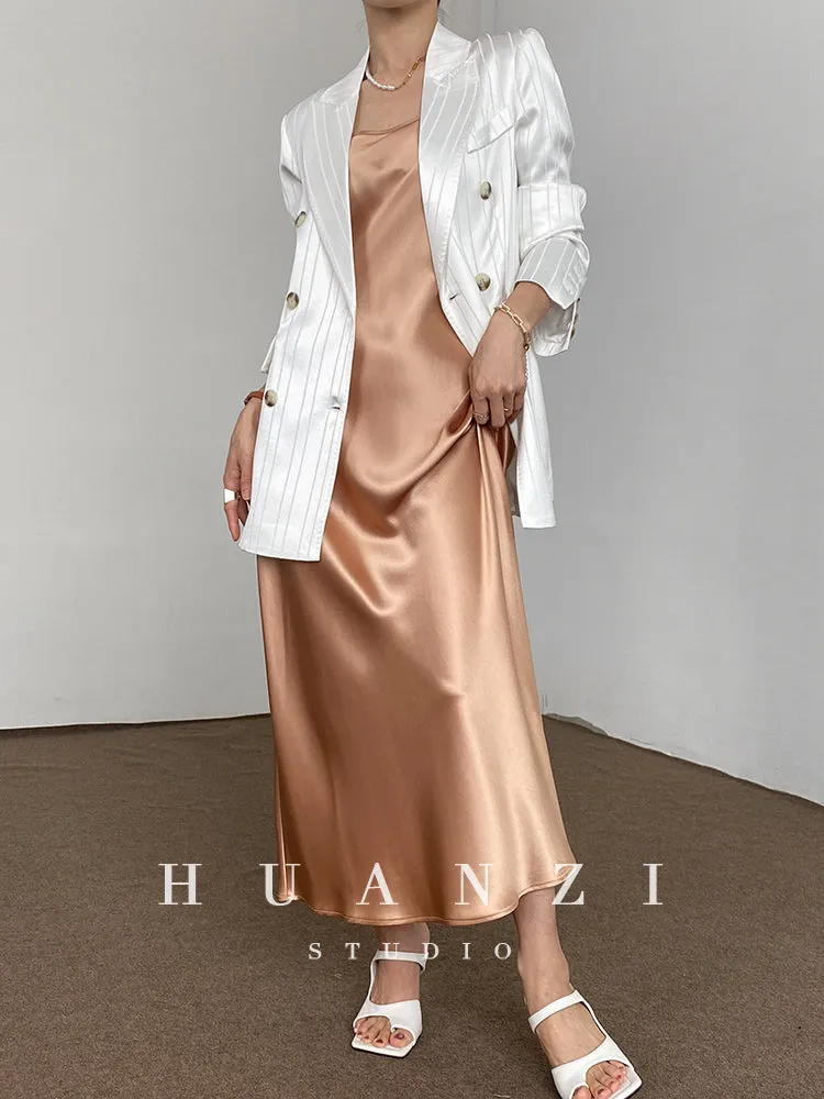 Huanzi high end tri-acetic satin drape high-end suit white silk blazer suit -Bioba