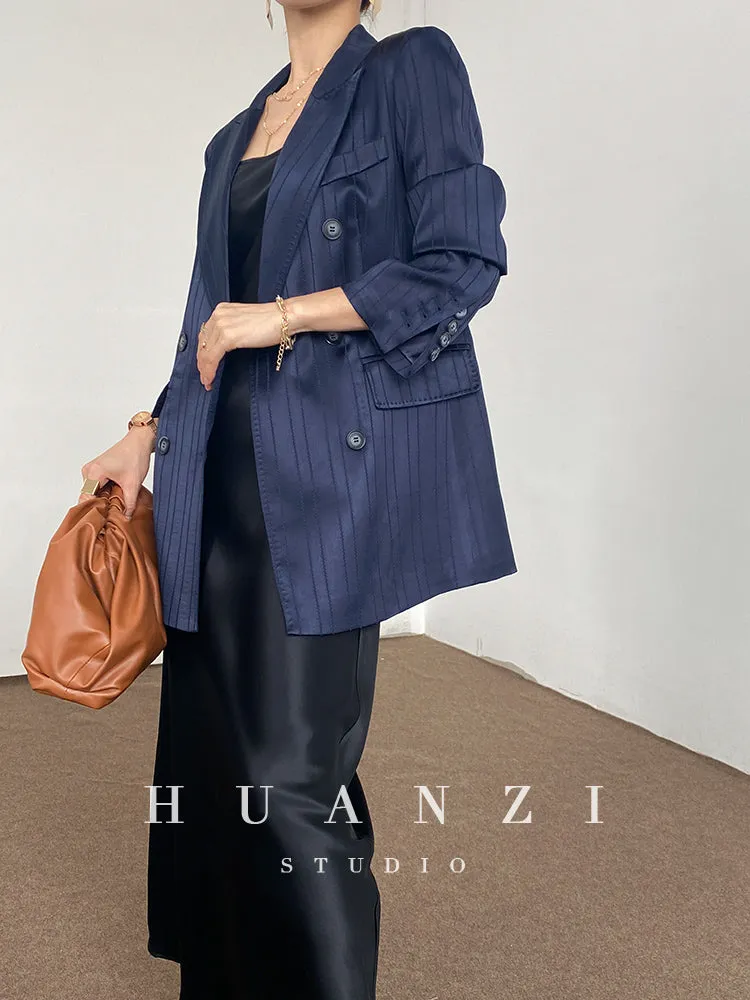 Huanzi high end tri-acetic satin drape high-end suit white silk blazer suit -Bioba