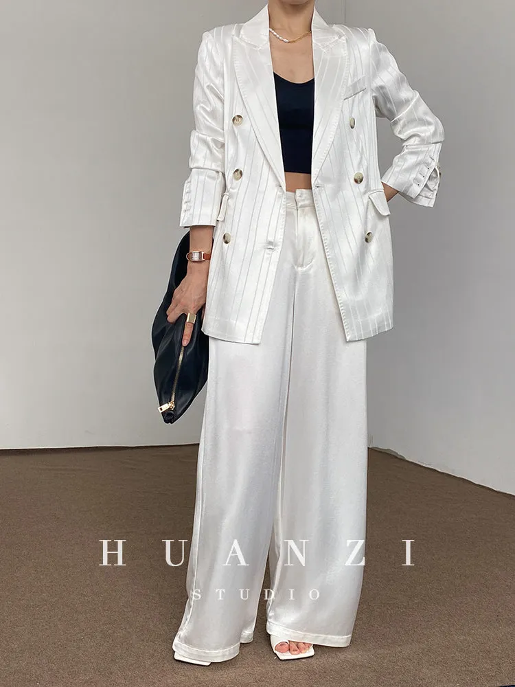 Huanzi high end tri-acetic satin drape high-end suit white silk blazer suit -Bioba