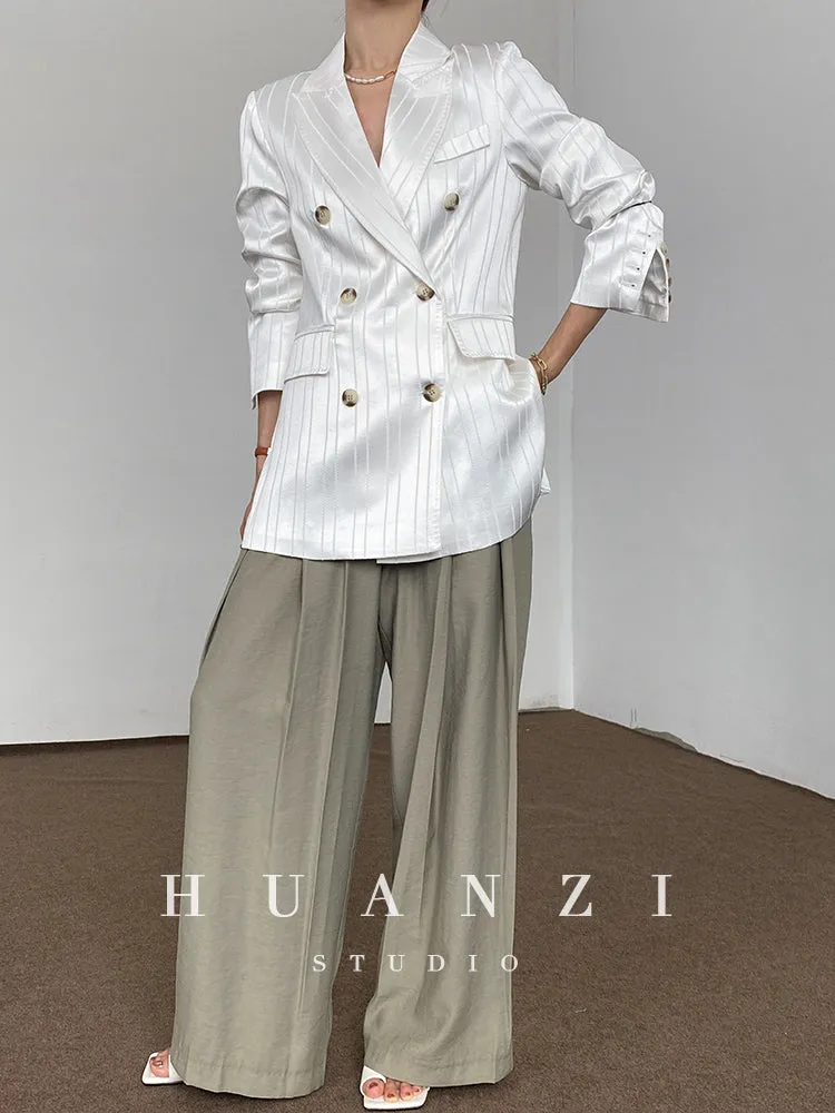 Huanzi high end tri-acetic satin drape high-end suit white silk blazer suit -Bioba