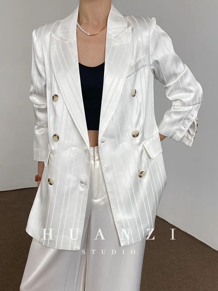Huanzi high end tri-acetic satin drape high-end suit white silk blazer suit -Bioba