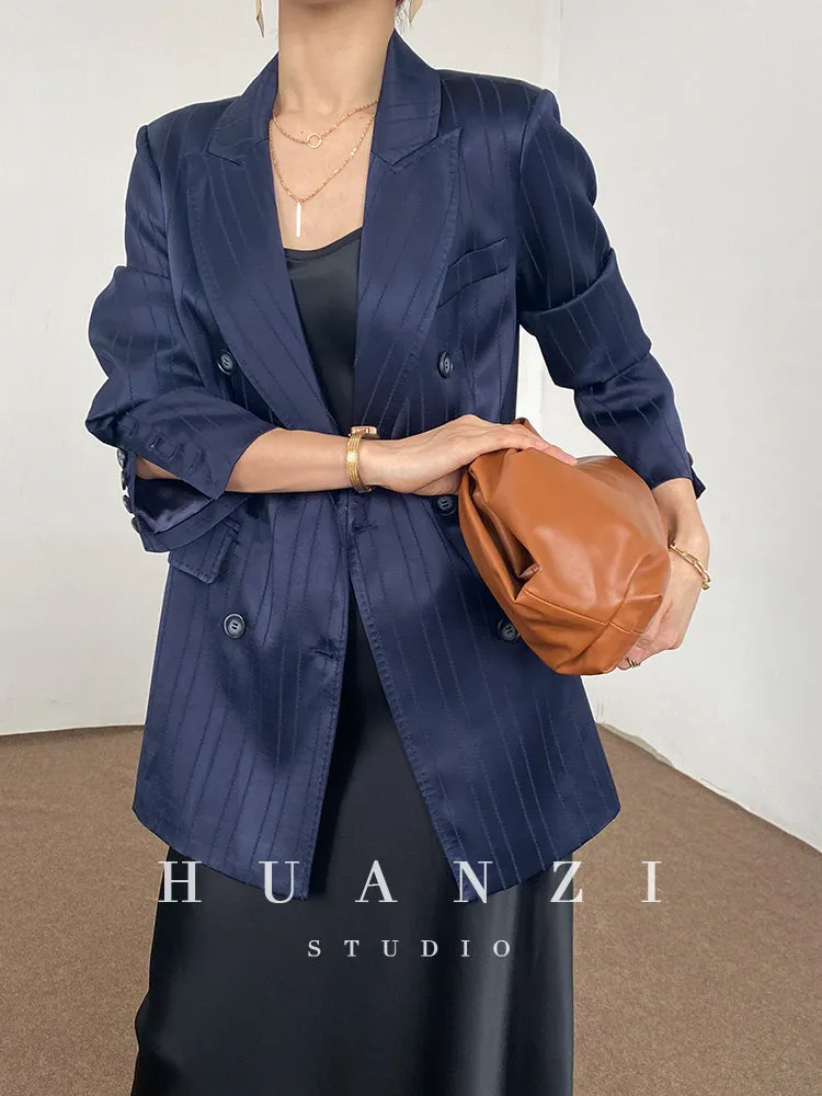 Huanzi high end tri-acetic satin drape high-end suit white silk blazer suit -Bioba