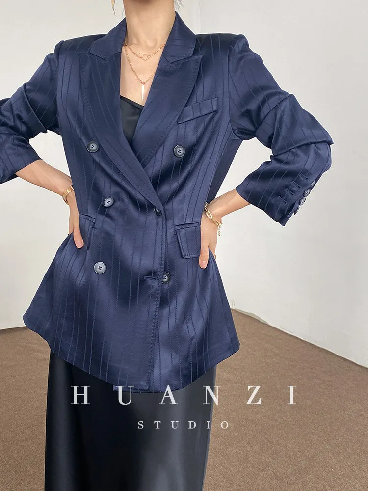Huanzi high end tri-acetic satin drape high-end suit white silk blazer suit -Bioba