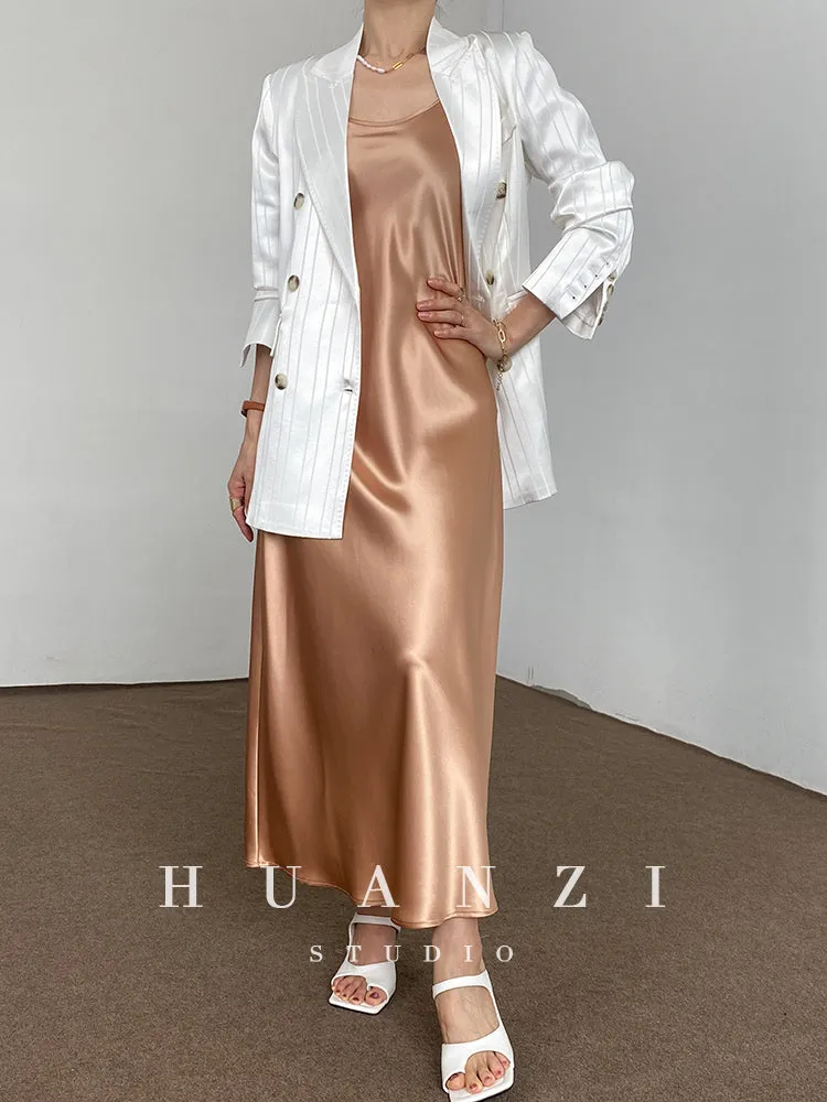 Huanzi high end tri-acetic satin drape high-end suit white silk blazer suit -Bioba