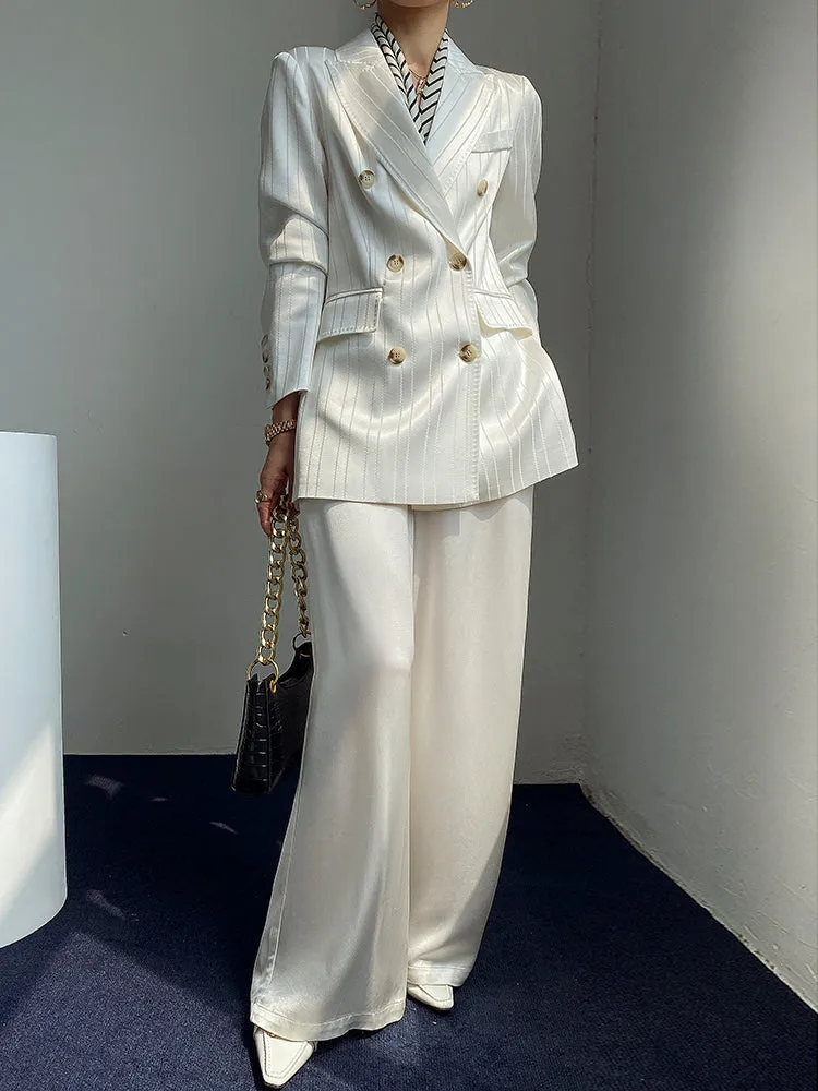 Huanzi high end tri-acetic satin drape high-end suit white silk blazer suit -Bioba
