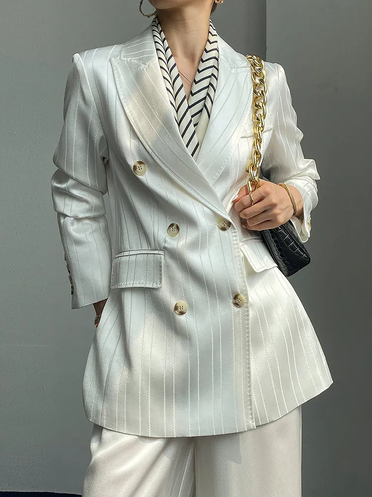 Huanzi high end tri-acetic satin drape high-end suit white silk blazer suit -Bioba