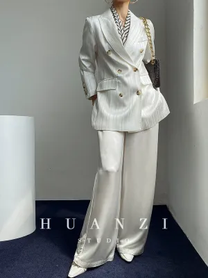 Huanzi high end tri-acetic satin drape high-end suit white silk blazer suit -Bioba