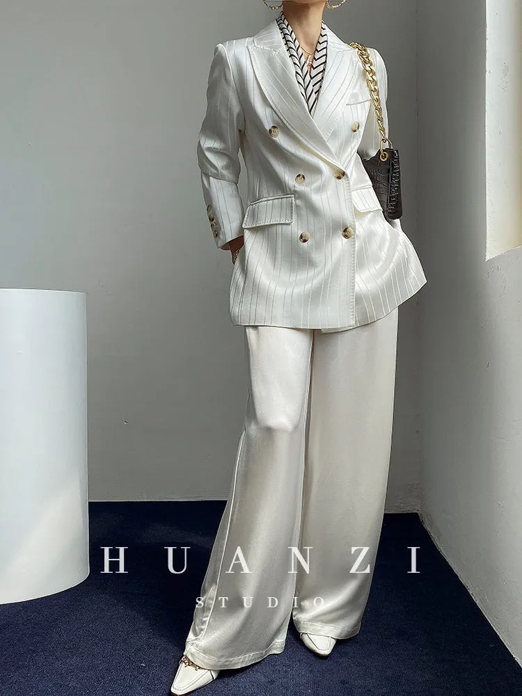 Huanzi high end tri-acetic satin drape high-end suit white silk blazer suit -Bioba