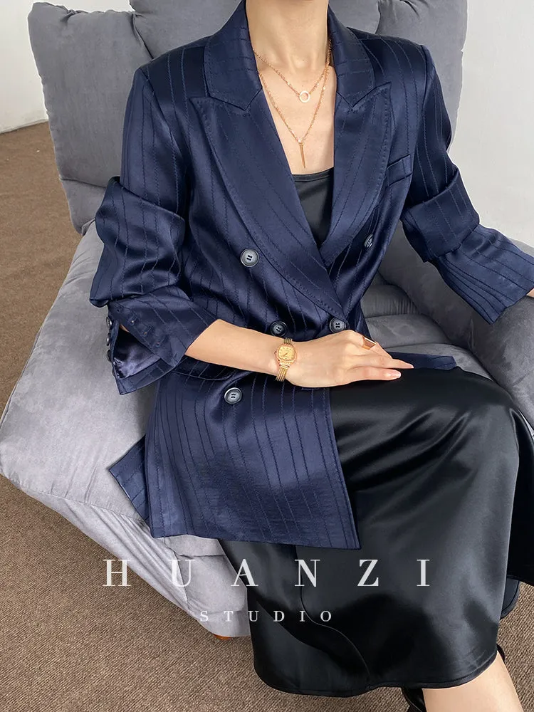 Huanzi high end tri-acetic satin drape high-end suit white silk blazer suit -Bioba