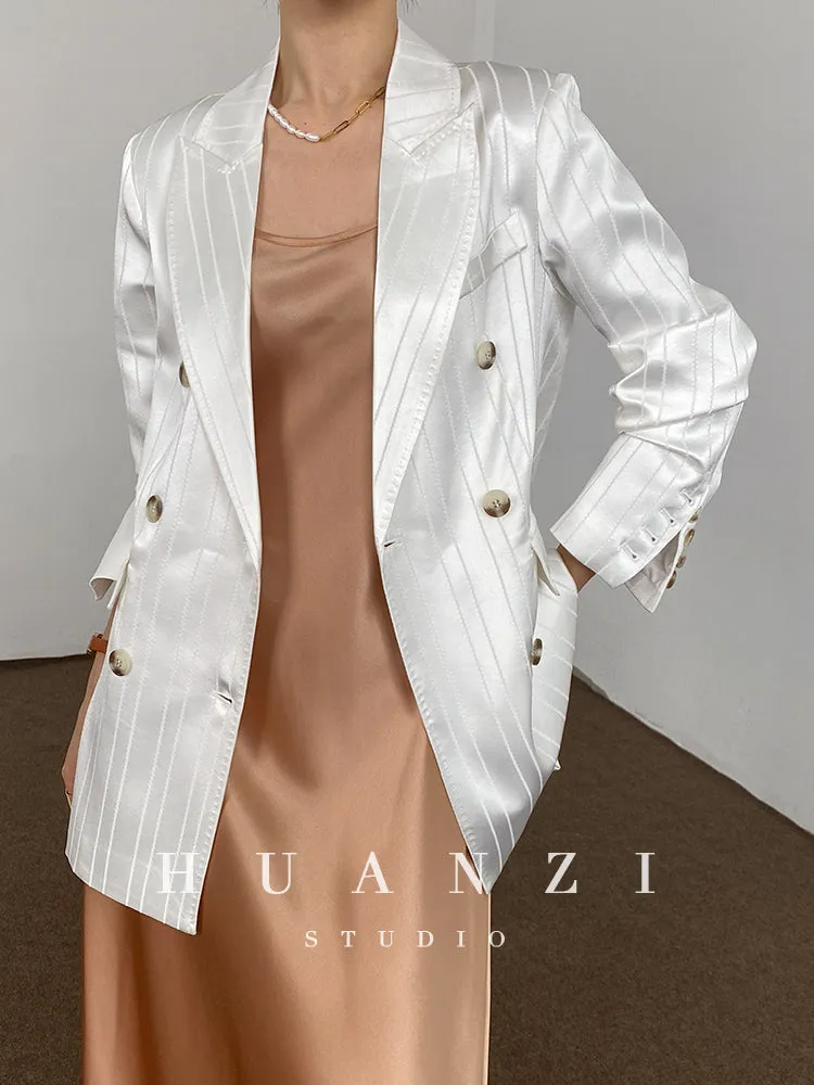 Huanzi high end tri-acetic satin drape high-end suit white silk blazer suit -Bioba