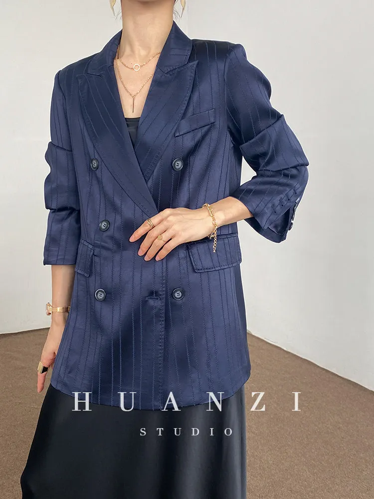 Huanzi high end tri-acetic satin drape high-end suit white silk blazer suit -Bioba