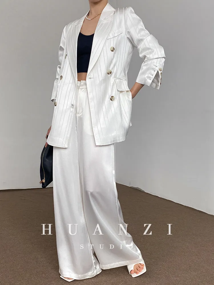 Huanzi high end tri-acetic satin drape high-end suit white silk blazer suit -Bioba