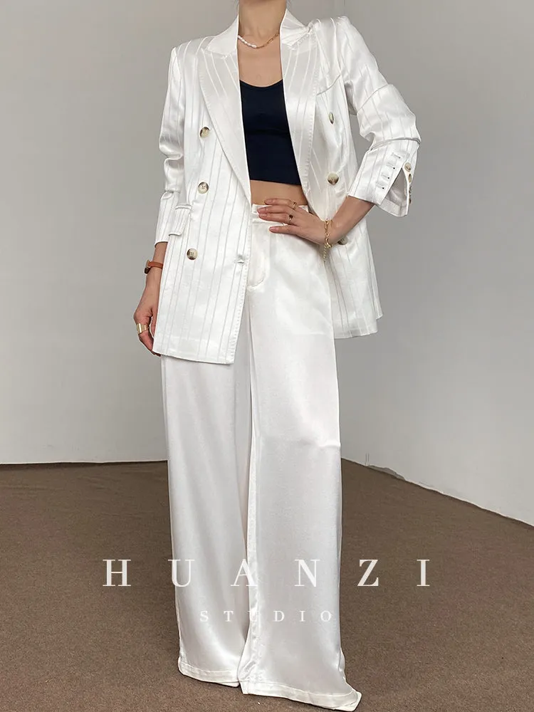 Huanzi high end tri-acetic satin drape high-end suit white silk blazer suit -Bioba
