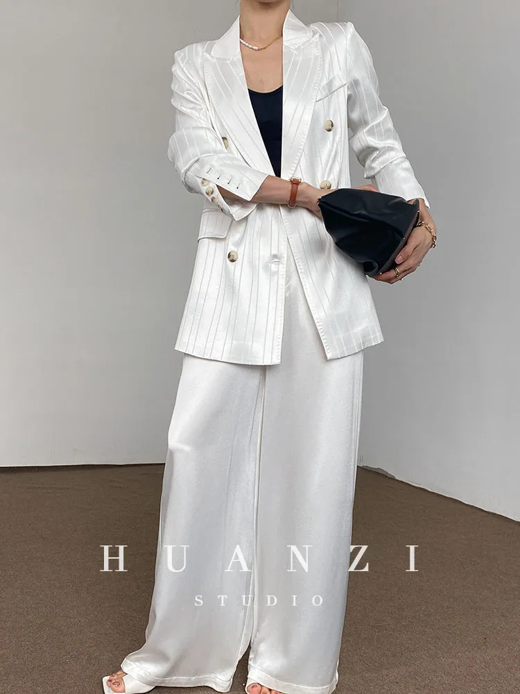 Huanzi high end tri-acetic satin drape high-end suit white silk blazer suit -Bioba