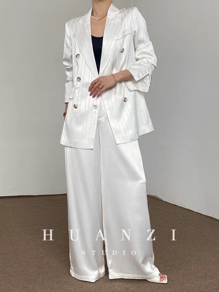 Huanzi high end tri-acetic satin drape high-end suit white silk blazer suit -Bioba