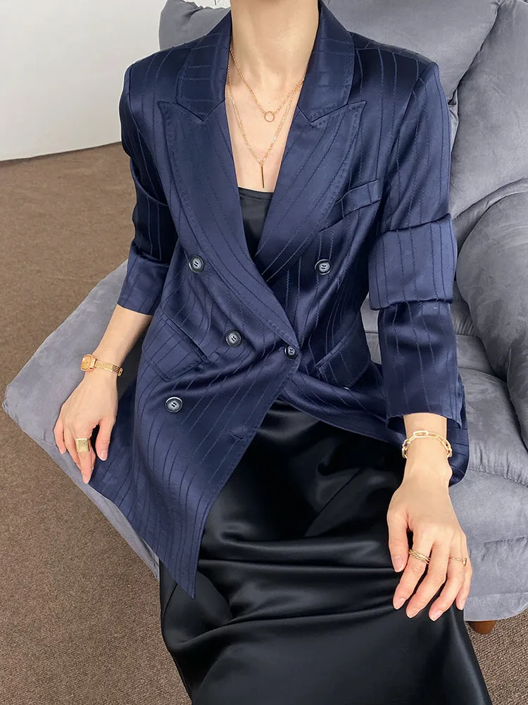 Huanzi high end tri-acetic satin drape high-end suit white silk blazer suit -Bioba