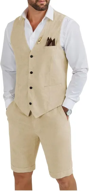 HUUTOE Mens 2 Piece Linen Suits Set Vest with Short Pants Slim Fit Beach Wedding Groomsmen Suits