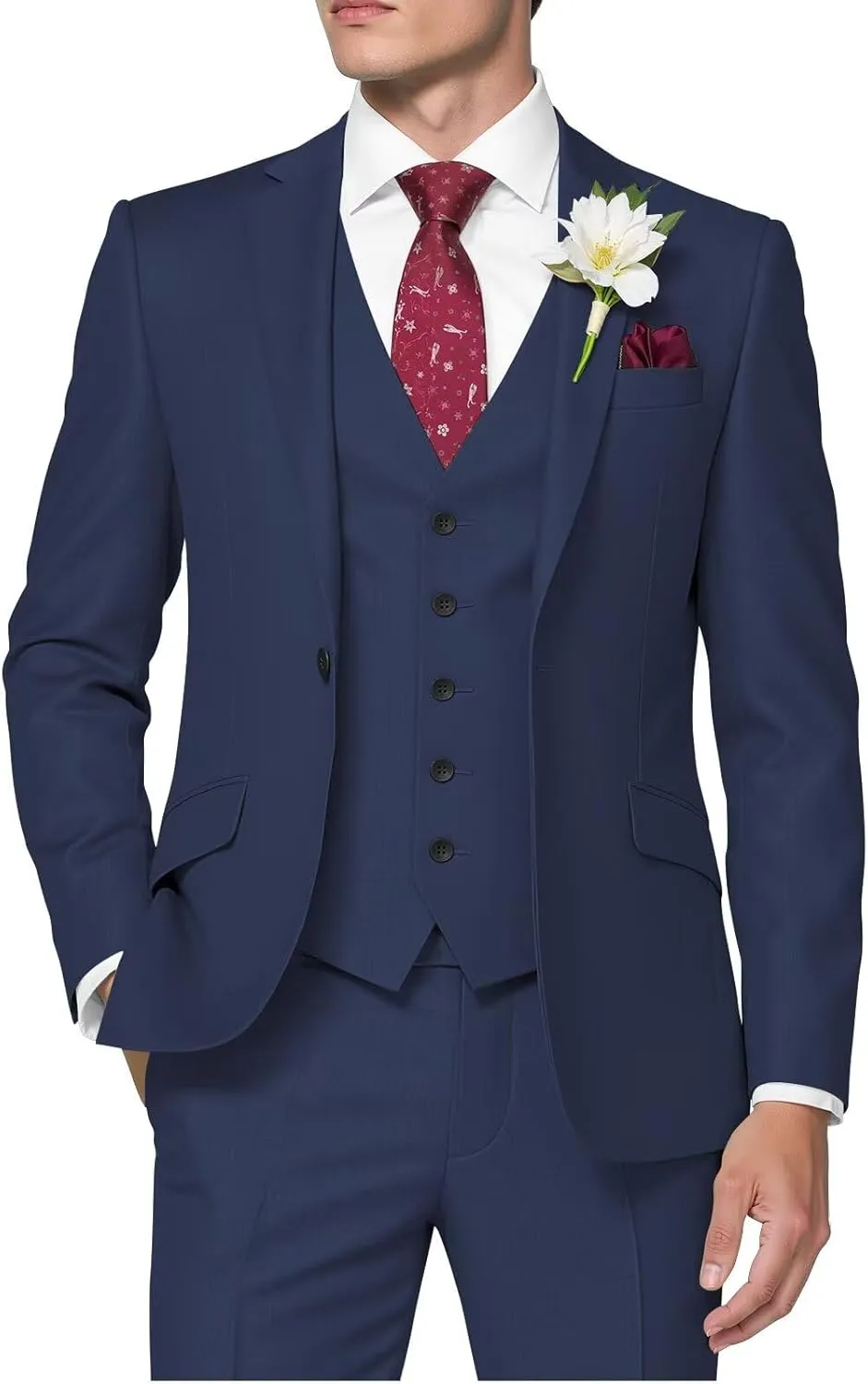 HUUTOE Mens 3 Piece Slim Fit Suits Navy Blue Prom Wedding Suit for Young Men - Three Piece Classic Fit Business Formal Blazer Jacket Vest Pants Set Mens Navy Blue Suits s