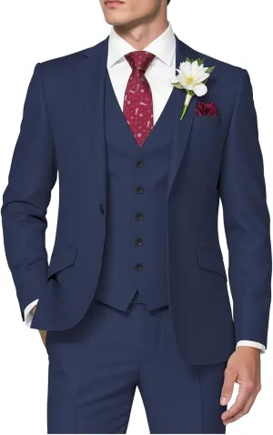 HUUTOE Mens 3 Piece Slim Fit Suits Navy Blue Prom Wedding Suit for Young Men - Three Piece Classic Fit Business Formal Blazer Jacket Vest Pants Set Mens Navy Blue Suits s