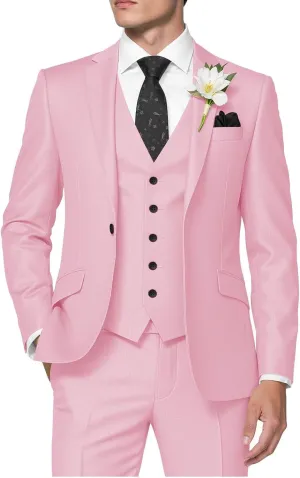 HUUTOE Men's 3 Piece Slim Fit Suits- Pink Suit Prom Suits for Men Regular Fit Wedding Suit Pink Vest Pants Set Prom Tuxedos for Men 2025 Trajes para Hombres M-Medium
