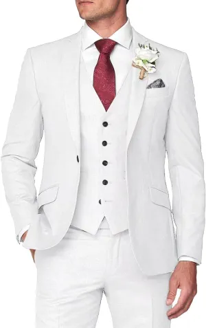 HUUTOE Mens 3 Piece Slim Fit Suits White Prom Wedding Suit for Young Men - Three Piece Classic Fit Business Formal Blazer Jacket Vest Pants Set Mens White Suits s