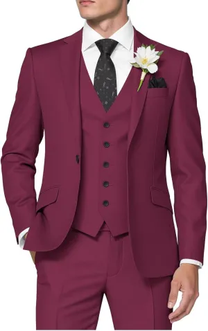 HUUTOE Mens 3 Piece Slim Fit Suits Wine Red Prom Wedding Suit for Young Men - Three Piece Classic Fit Business Formal Blazer Jacket Vest Pants Set Mens Wine Red Suits s