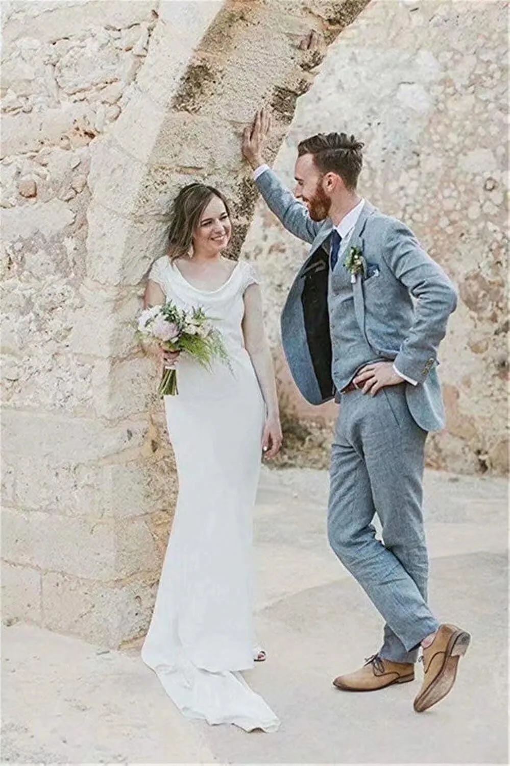 HUUTOE Mens Linen Suits 3 Piece Beach Wedding Groomsmen Suits Casual Summer Linen Blazer Vest and Pants Tuxedo Set