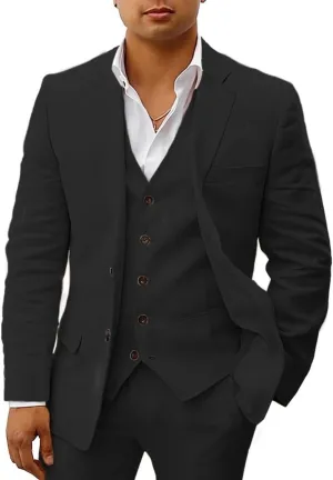 HUUTOE Mens Linen Suits 3 Piece Beach Wedding Groomsmen Suits Casual Summer Linen Blazer Vest and Pants Tuxedo Set
