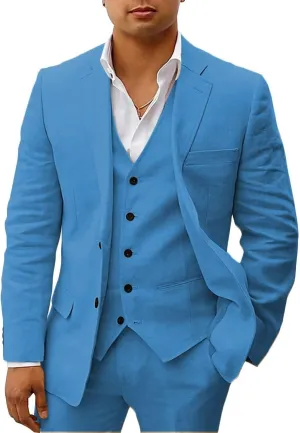 HUUTOE Mens Linen Suits 3 Piece Beach Wedding Groomsmen Suits Casual Summer Linen Blazer Vest and Pants Tuxedo Set