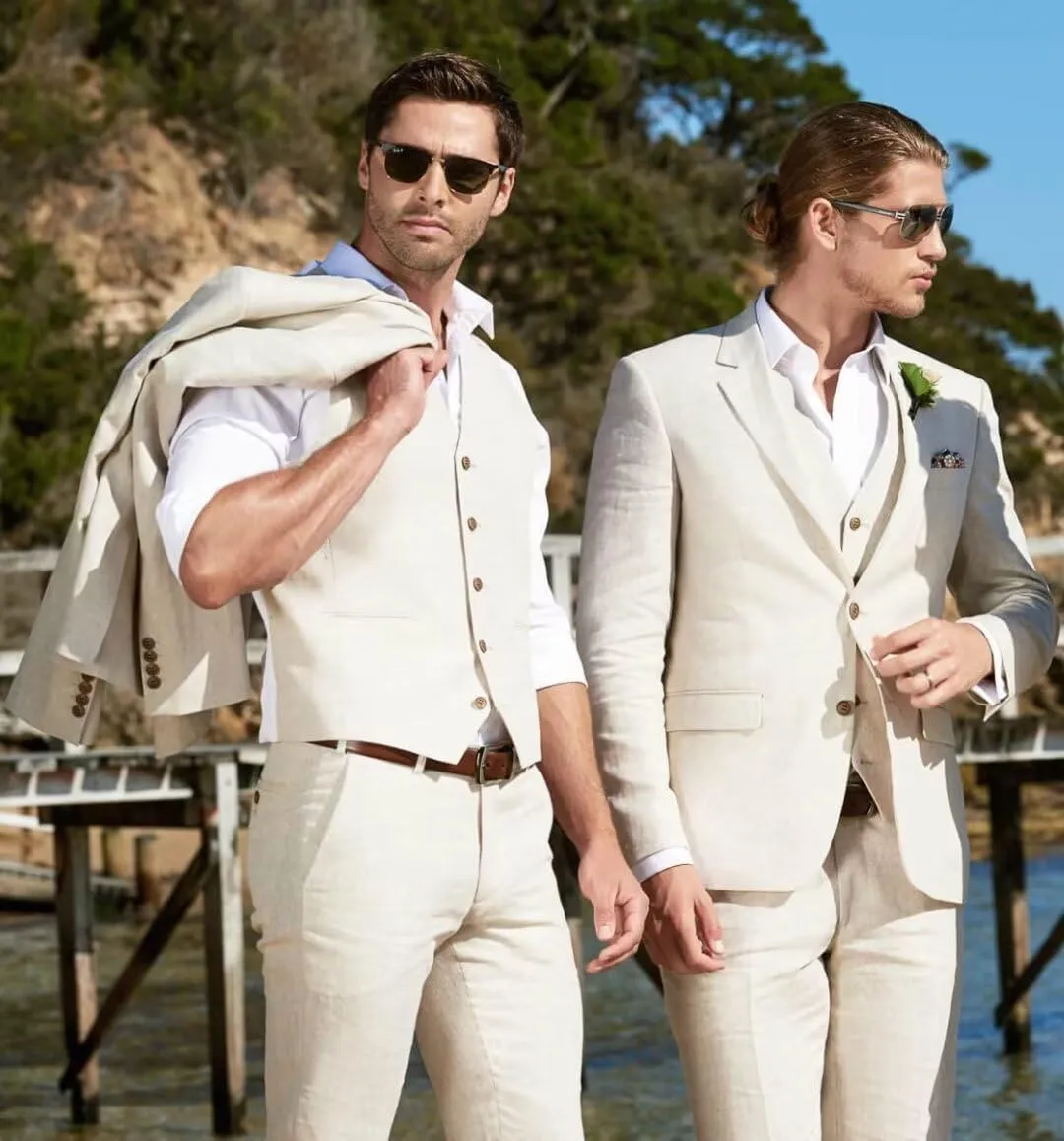 HUUTOE Mens Linen Suits 3 Piece Beach Wedding Groomsmen Suits Casual Summer Linen Blazer Vest and Pants Tuxedo Set