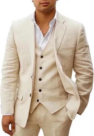 HUUTOE Mens Linen Suits 3 Piece Beach Wedding Groomsmen Suits Casual Summer Linen Blazer Vest and Pants Tuxedo Set