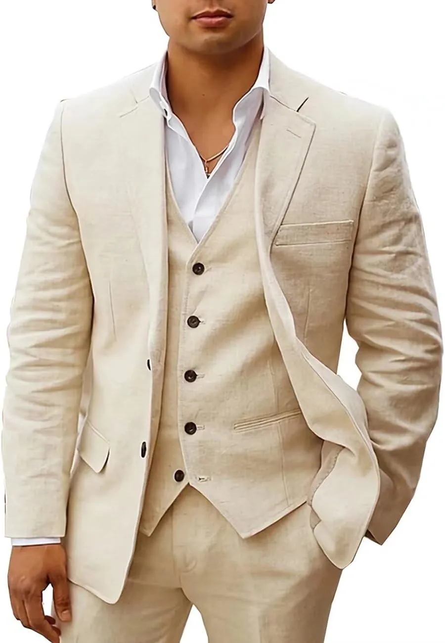 HUUTOE Mens Linen Suits 3 Piece Beach Wedding Groomsmen Suits Casual Summer Linen Blazer Vest and Pants Tuxedo Set