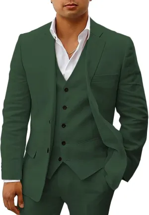 HUUTOE Mens Linen Suits 3 Piece Beach Wedding Groomsmen Suits Casual Summer Linen Blazer Vest and Pants Tuxedo Set