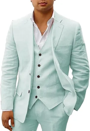 HUUTOE Mens Linen Suits 3 Piece Beach Wedding Groomsmen Suits Casual Summer Linen Blazer Vest and Pants Tuxedo Set